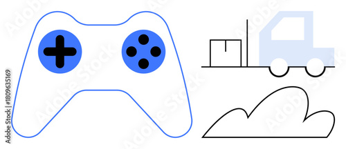 Game controller with buttons, delivery truck carrying a package, and cloud outline. Ideal for gaming, logistics, technology, connectivity, innovation entertainment teamwork. Simple flat metaphor