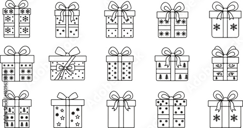 Collection of Diverse Festive Gift Boxes Icons with Ribbons, Black and White Outline Illustrations for Celebration and Holidays
