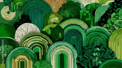 Abstract summer woodland made of rounded leaves, sunlit circles and warm curved shapes, creating a bright minimal composition in layered greens and yellows