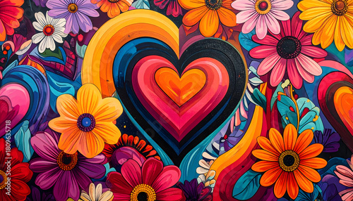 Groovy Retro Repeat, valentine: Geometric hearts, vibrant flowers, bold colors make groovy pattern, evoking feelings of funky retro love, perfect for Valentine Day