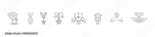 Awards and medals icon set. Outline trophy, star, medal, shield, badge, ribbon, banner, crown, achievement honor vector design collection.