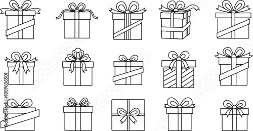 Vector collection of various gift and present boxes with ribbons. A set of black and white outline icons for celebration design elements