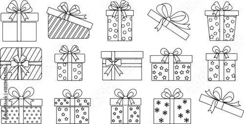 Set of Gift Boxes Icons with Ribbons and Bows, Celebrating Presents and Festive Occasions