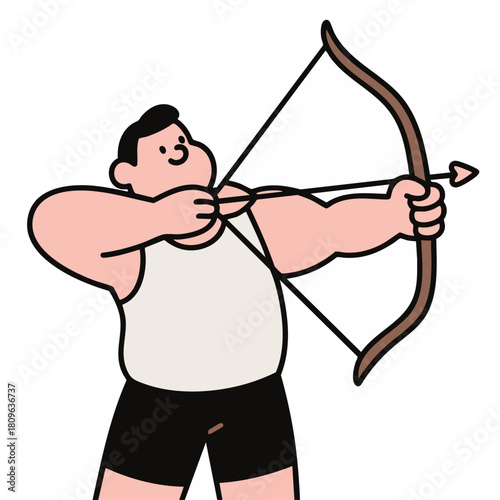 A man is depicted in the act of drawing a bow and arrow, concentrating on achieving a precise shot.