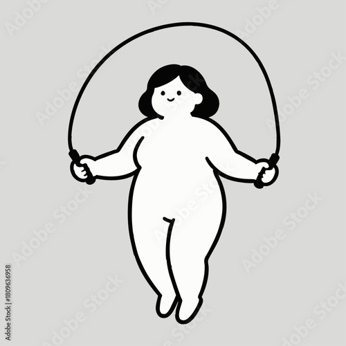 An illustration shows a plus - sized woman joyfully skipping rope, representing a healthy and active lifestyle.