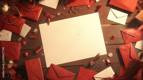 plain peice of A4 white paper sat in portrait mode on top of red envelopes and other peices of paper a wooden desk surrounded by red envelopes and christmas paraphanalia