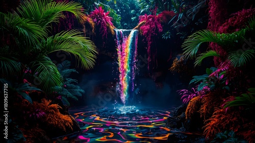 Neon rainbow waterfall in a tropical jungle, glowing bioluminescent pool and vibrant foliage fantasy landscape