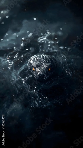Cinematic snake emerging from dark water with glowing golden eyes, dramatic low-light wildlife portrait vertical wallpaper