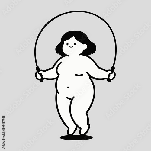 Monochrome illustration depicts a plump woman joyfully skipping rope, promoting body positivity and active lifestyle.