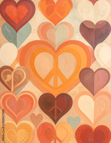 Groovy Retro Repeat, valentine: Groovy hearts and peace symbol repeat in warm pastel tones, radiating retro valentine feel filled with love and positive vibes