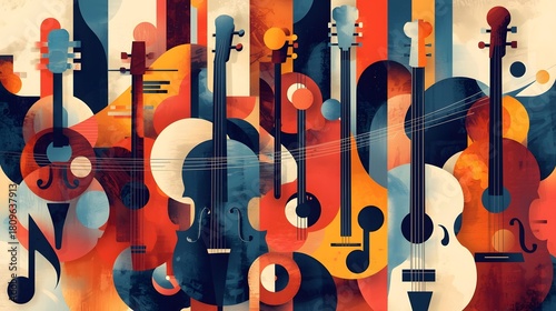 Abstract geometric collage of musical instruments with vibrant retro colors and jazz poster style
