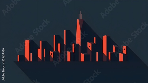 Minimal neon pink city skyline with long shadows on dark blue background, flat vector illustration
