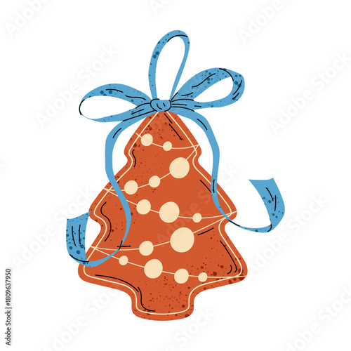 Gingerbread cookie in shape Christmas tree. Homemade festive sweets. Flat illustration gingerbread Christmas tree cookie with blue bow.