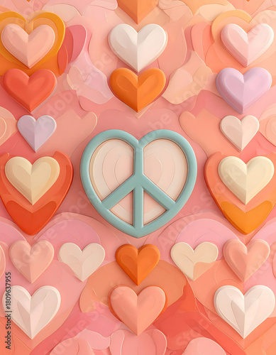 Groovy Retro Repeat, valentine: Warm pastel heart and peace sign create groovy, loving Valentine Day vibes, radiating affection and retro theme