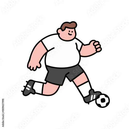 A chubby individual is actively engaged in playing soccer, showing movement and focus on the ball.