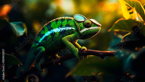 Vibrant green chameleon perched on a branch with warm jungle bokeh and dramatic side lighting