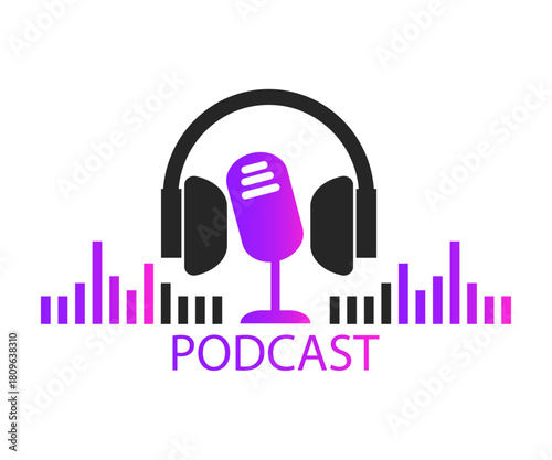 Podcast. Studio microphone with headphones and audio wave. Webcast audio record. Concept webinar, online training, radio show or audio blog.