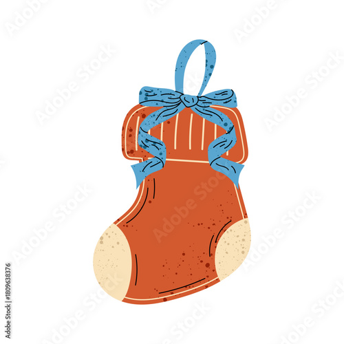 Gingerbread cookies. Christmas winter homemade sweets. Flat illustration of gingerbread sock cookie with cute bow.