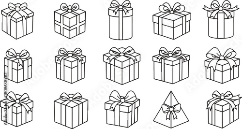 A Variety of Wrapped Gift Boxes Icons with Ribbons, Presented as a Collection of Line Drawings