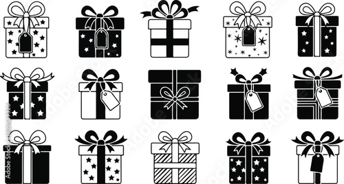 Collection of black and white gift boxes and present icons Pack