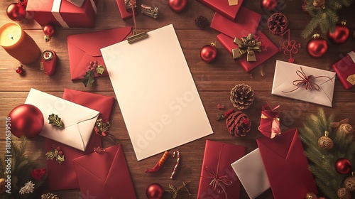 plain peice of A4 white paper sat in portrait mode on top of red envelopes and other peices of paper a wooden desk surrounded by red envelopes and christmas paraphanalia