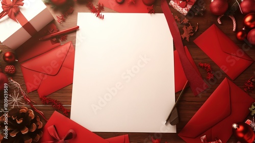plain peice of A4 white paper sat in portrait mode on top of red envelopes and other peices of paper a wooden desk surrounded by red envelopes and christmas paraphanalia