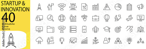 Startup and innovation icon set in flat style. Includes business growth, funding, strategy, teamwork, productivity, and more. Perfect for presentations and UI UX design. Editable Stroke. Vector Illust