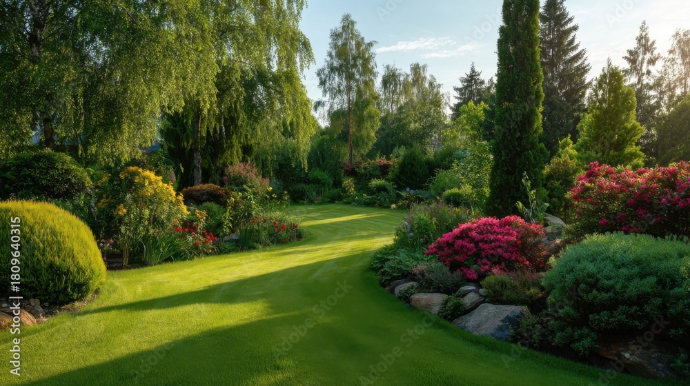 Fototapeta premium Beautifully landscaped residential garden in bright morning sunlight