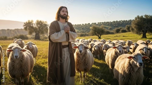 A shepherd in traditional clothing tending to a flock of sheep in a lush green field during sunset