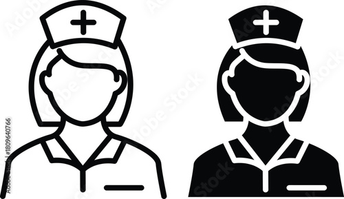 Female Nurse Or Doctor With Cap Medical Cross Health Staff Vector Silhouette and Pictogram..eps