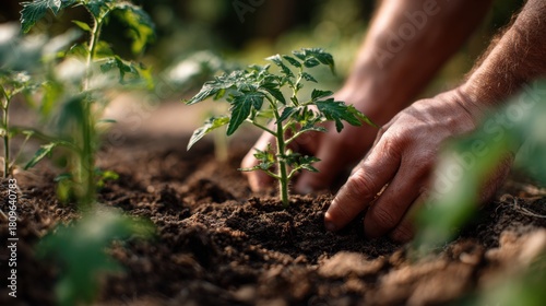 Hands carefully planting a young tomato seedling into rich garden soil under soft natural light