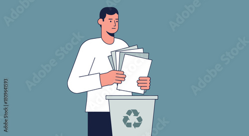 Vector illustration of a person walking a dog on a leash through a park. Trees and bushes surround them