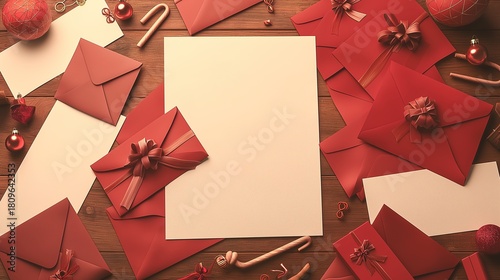 plain peice of A4 white paper sat in portrait mode on top of red envelopes and other peices of paper a wooden desk surrounded by red envelopes and christmas paraphanalia