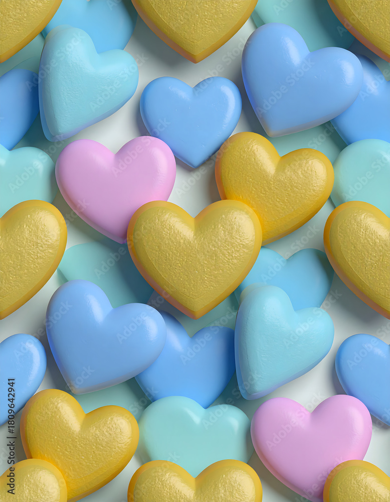 Fototapeta premium Groovy Retro Repeat, valentine: Vibrant hearts evoke feeling of love and joy. Groovy retro repeat pattern of colorful candy hearts creates seamless valentine theme