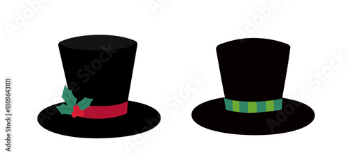 Set of Snowman Hats Flat Vector Illustration.
Clipart Design of Christmas Black Top Hat Decorated Holly.
White background.