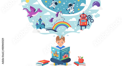 Young boy immersed in reading a book filled with fantastical tales of dragons unicorns castles robots and astronauts in outer space