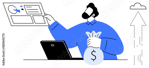 Man holding financial data board, holding money bag next to laptop, arrow pointing upward, symbolizing success, strategy, and growth. Ideal for business, finance, presentations investments profit