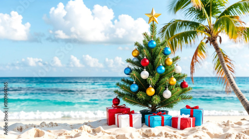 Christmas tree and gifts on palm tree and beach background