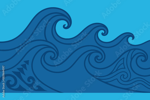 Stylized blue ocean waves with swirling patterns