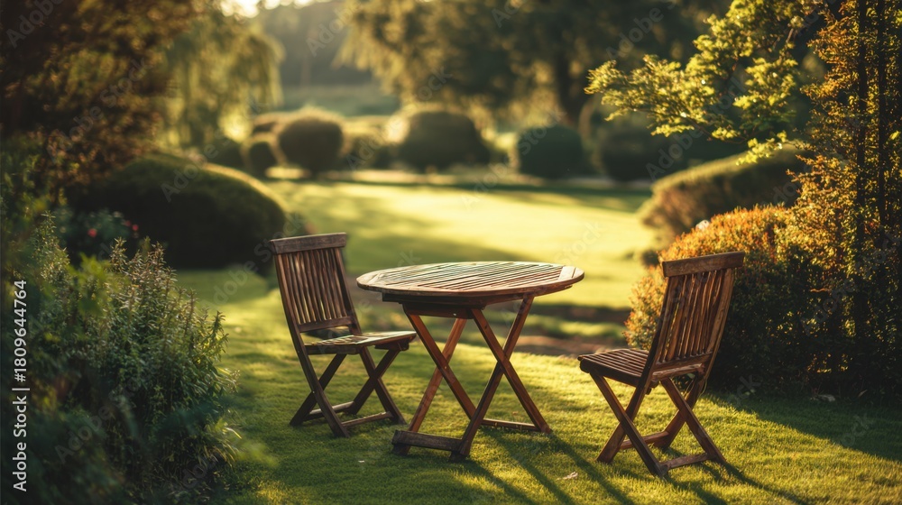 Fototapeta premium Relaxing wooden garden table set under warm sunlight on a smooth green lawn