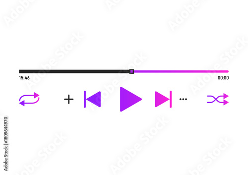 Music or video playback interface panel icon. Template of media player. Play, shuffle, repeat, rewind and fast forward buttons. 
