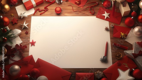 plain peice of A4 white paper sat in portrait mode on top of red envelopes and other peices of paper a wooden desk surrounded by red envelopes and christmas paraphanalia