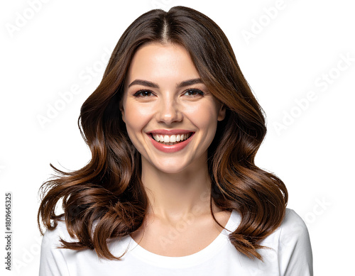 Portrait of happy woman smiling and laughing with long brown hair, isolated on a transparent background.