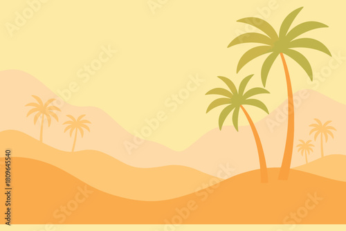 Tropical beach landscape with palm trees and sand dunes at sunset