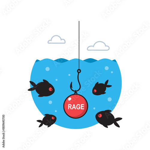 Rage Bait Clickbait Concept Vector Icon. Angry Fishes Around Red Hook Bait
