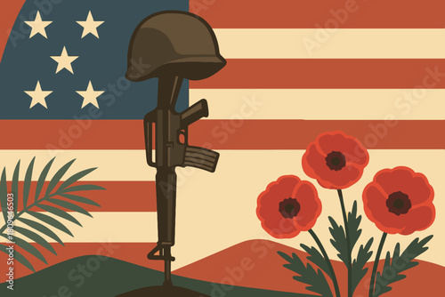 Fallen soldier memorial with american flag and poppies