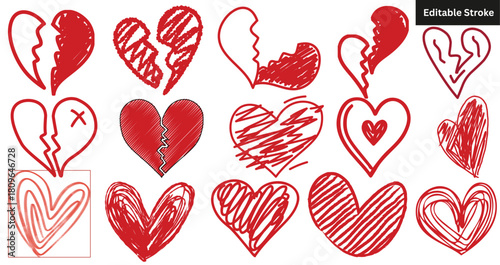 Set of 15 hand-drawn red heart and broken heart icons. Doodle love, relationship, and valentine vector illustration, (Editable Stroke).