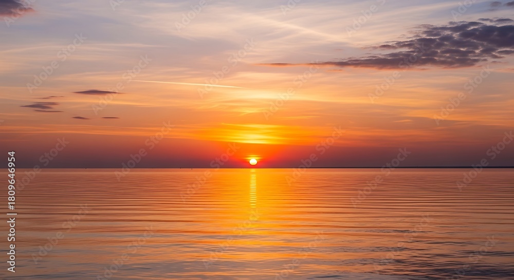 Fototapeta premium Vibrant sunset over calm ocean waters reflecting golden light and colorful skies