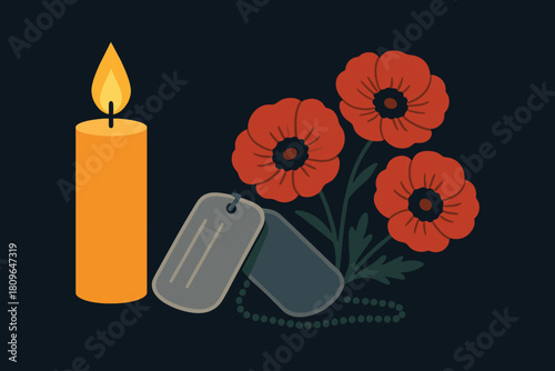Remembrance day symbols poppy candle and dog tags