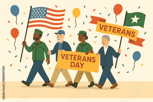 Diverse group of veterans marching in a parade holding american flags and signs